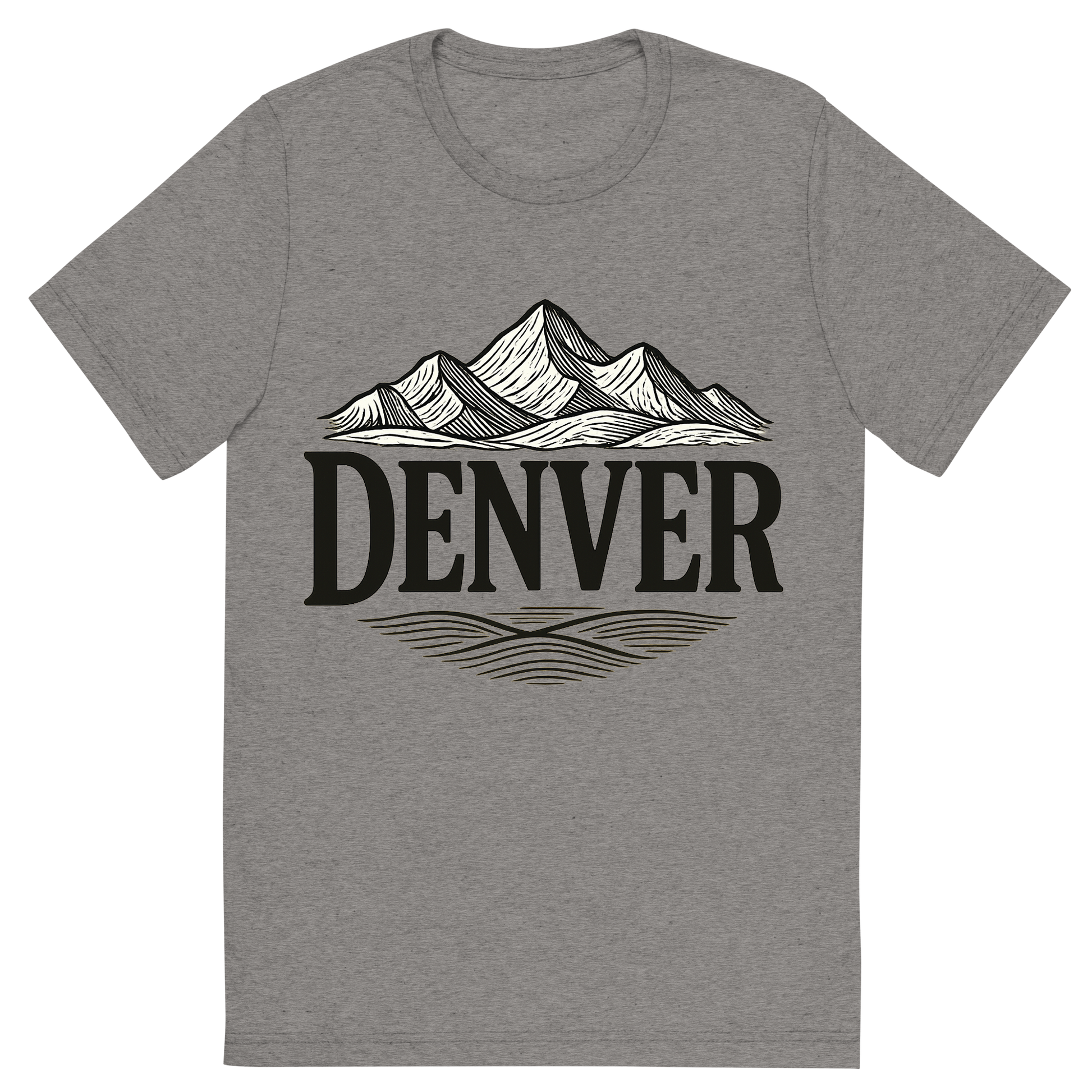 Front view of a Premium Tri-Blend Crew Neck T-Shirt in Grey showing 'A typographic, nostalgic graphic of a typographic illustration of the words 'denver' with a vintage line art drawing of the rocky mountains'