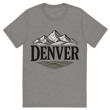 Front view of a Premium Tri-Blend Crew Neck T-Shirt in Grey showing 'A typographic, nostalgic graphic of a typographic illustration of the words 'denver' with a vintage line art drawing of the rocky mountains'
