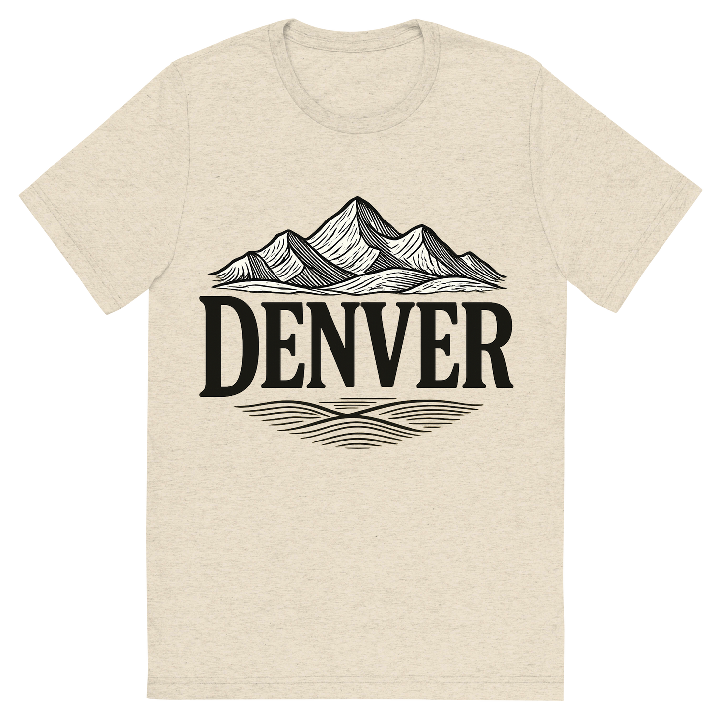 Front view of a Premium Tri-Blend Crew Neck T-Shirt in Oatmeal showing 'A typographic, nostalgic graphic of a typographic illustration of the words 'denver' with a vintage line art drawing of the rocky mountains'