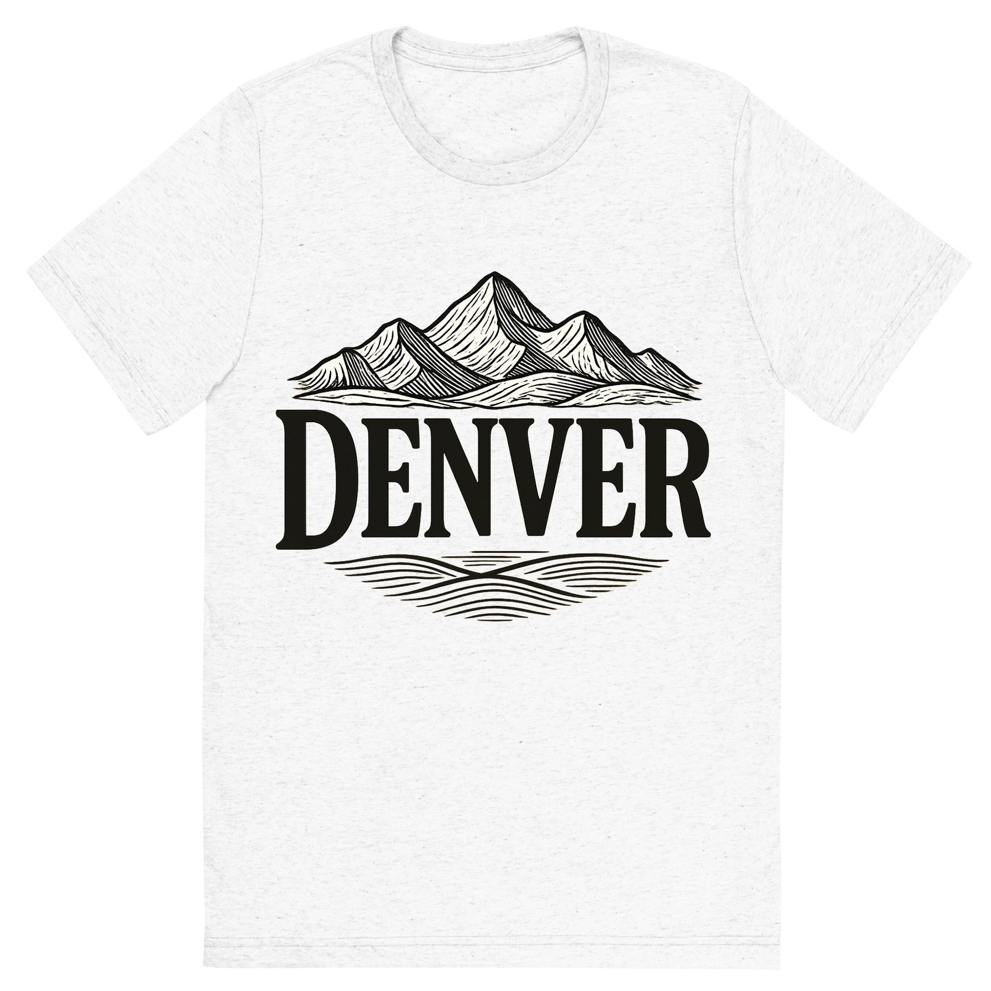 Front view of a Premium Tri-Blend Crew Neck T-Shirt in Solid White showing 'A typographic, nostalgic graphic of a typographic illustration of the words 'denver' with a vintage line art drawing of the rocky mountains'