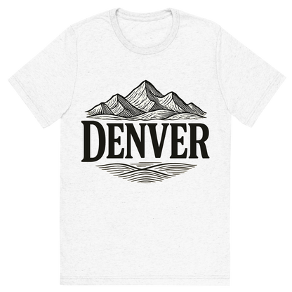 Front view of a Premium Tri-Blend Crew Neck T-Shirt in Solid White showing 'A typographic, nostalgic graphic of a typographic illustration of the words 'denver' with a vintage line art drawing of the rocky mountains'