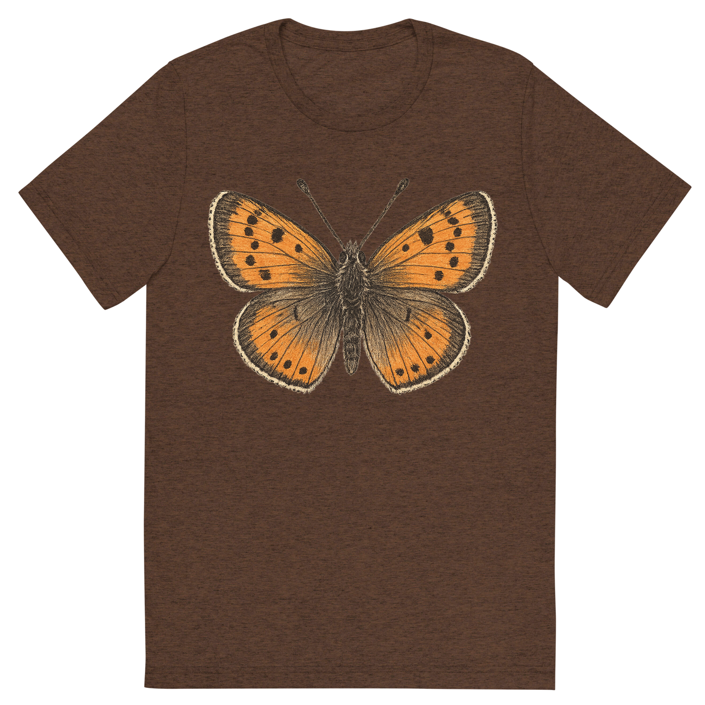 Front view of a Premium Tri-Blend Crew Neck T-Shirt in Brown showing 'A hand-drawn, tranquil graphic of small copper butterfly'