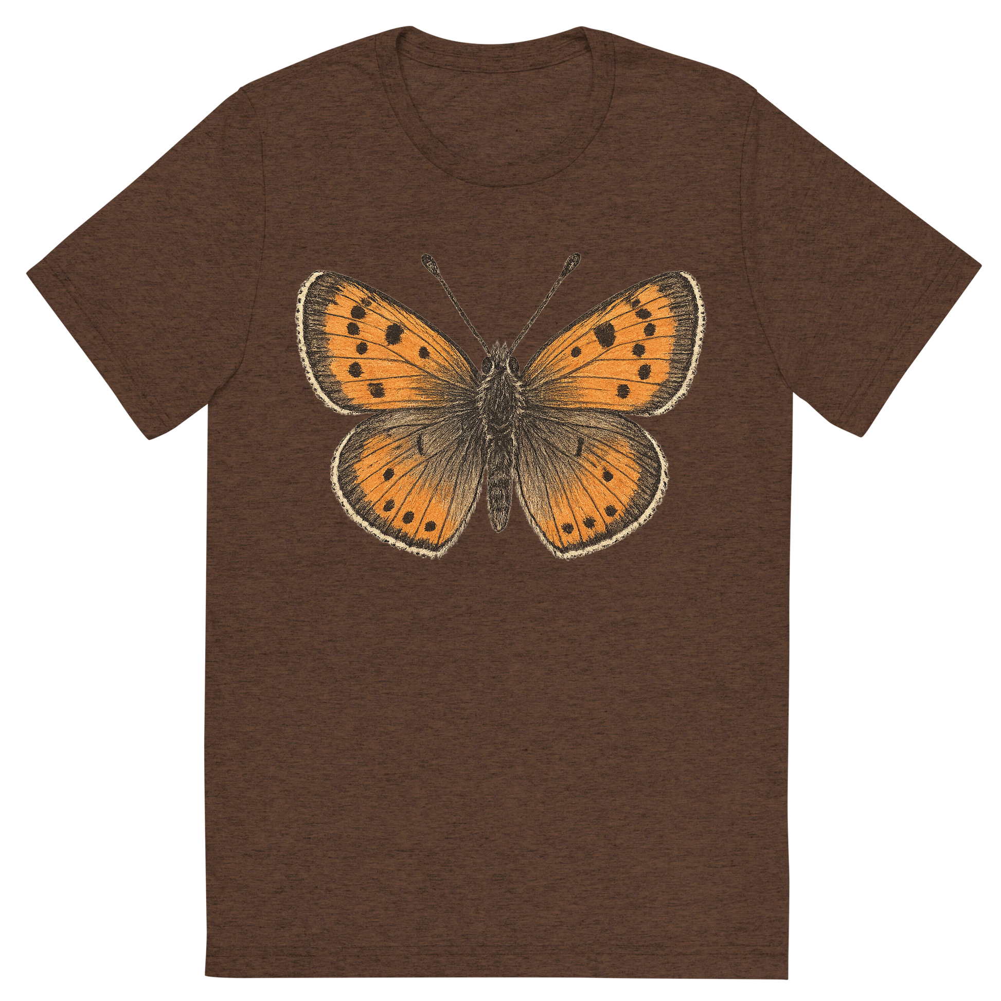 Front view of a Premium Tri-Blend Crew Neck T-Shirt in Brown showing 'A hand-drawn, tranquil graphic of small copper butterfly'