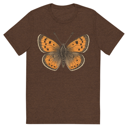 Front view of a Premium Tri-Blend Crew Neck T-Shirt in Brown showing 'A hand-drawn, tranquil graphic of small copper butterfly'
