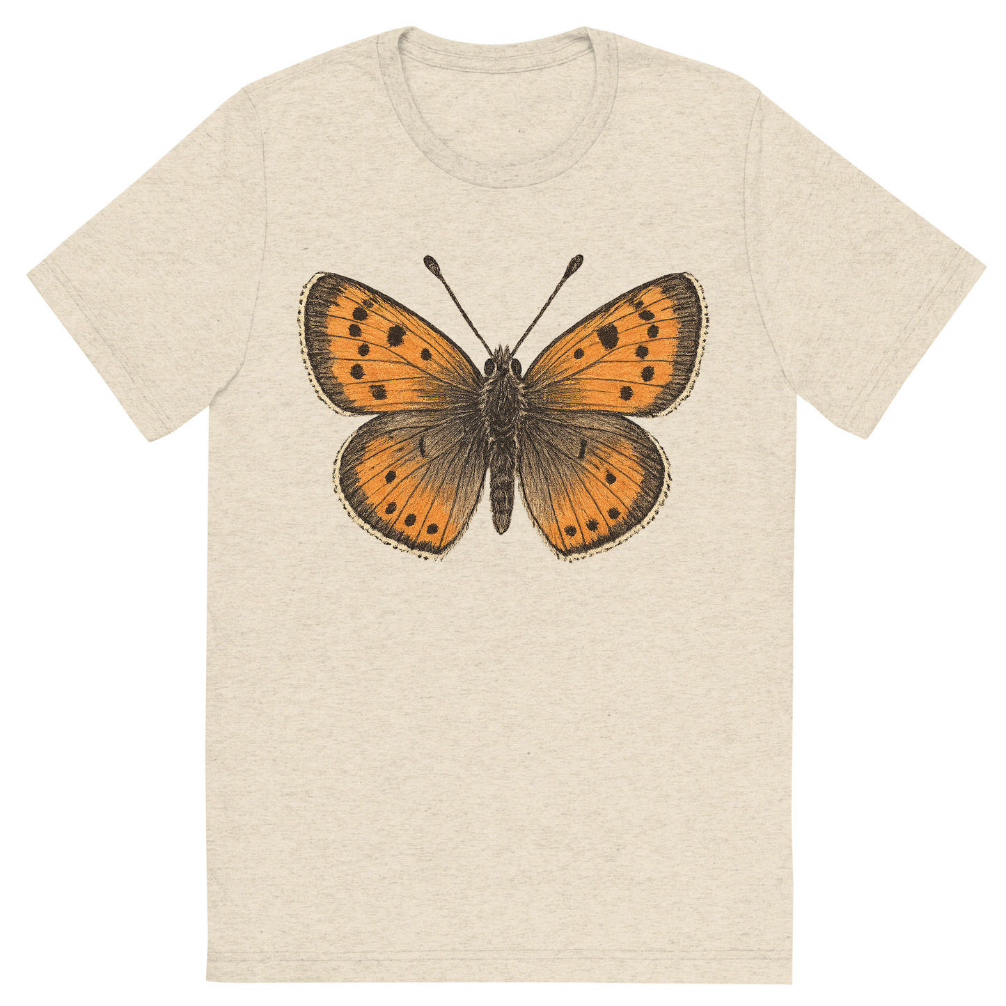 Front view of a Premium Tri-Blend Crew Neck T-Shirt in Oatmeal showing 'A hand-drawn, tranquil graphic of small copper butterfly'
