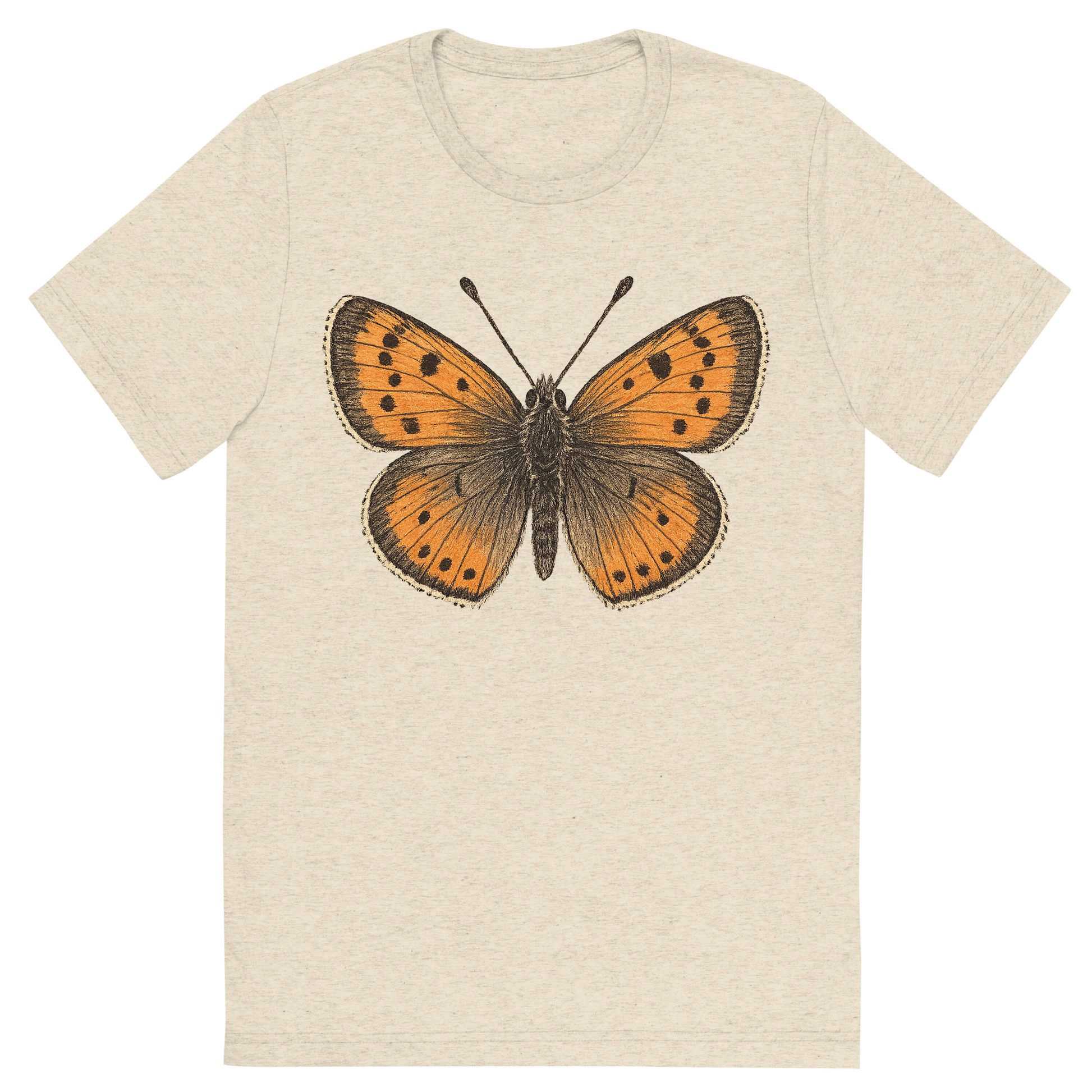 Front view of a Premium Tri-Blend Crew Neck T-Shirt in Oatmeal showing 'A hand-drawn, tranquil graphic of small copper butterfly'