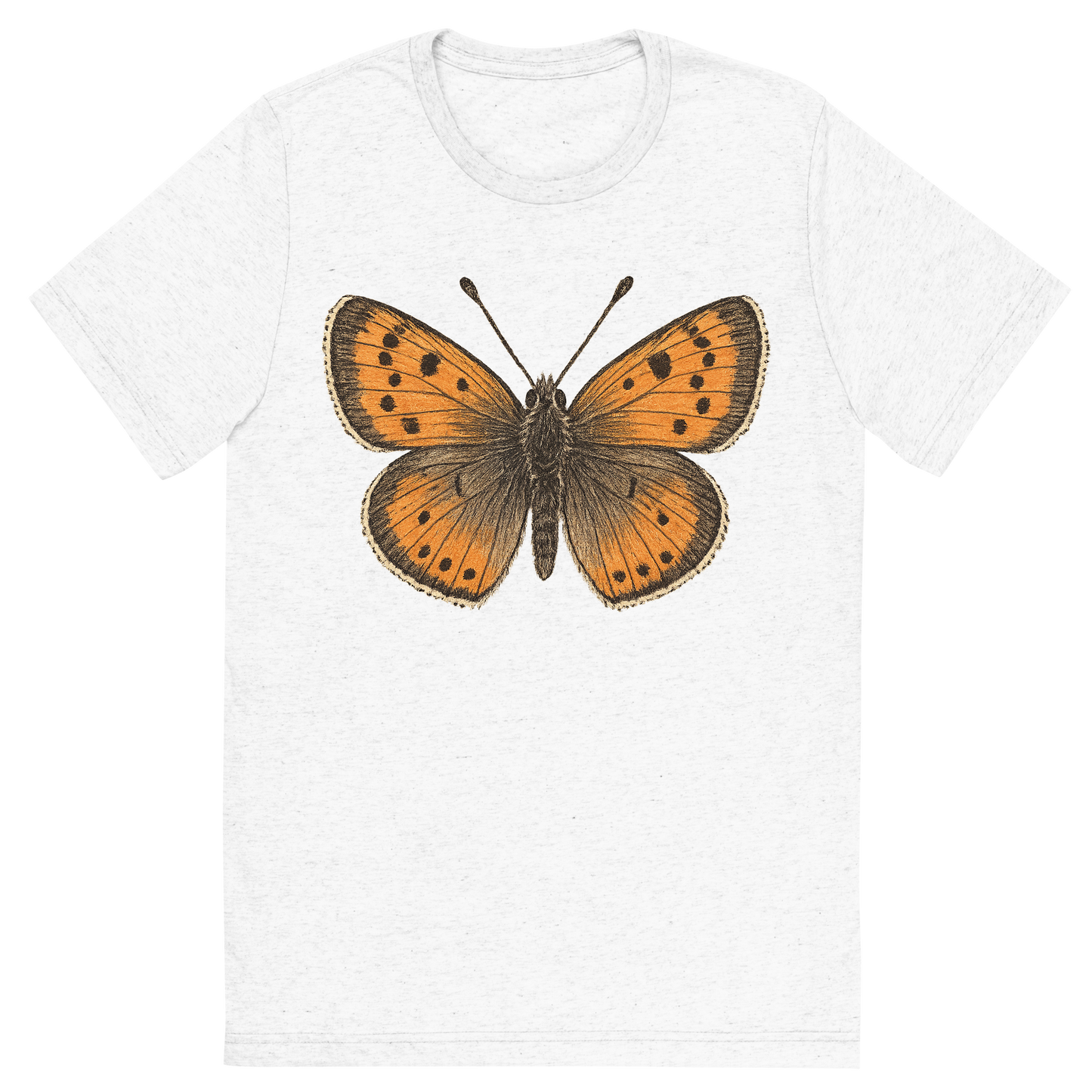 Front view of a Premium Tri-Blend Crew Neck T-Shirt in Solid White showing 'A hand-drawn, tranquil graphic of small copper butterfly'