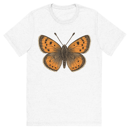 Front view of a Premium Tri-Blend Crew Neck T-Shirt in Solid White showing 'A hand-drawn, tranquil graphic of small copper butterfly'