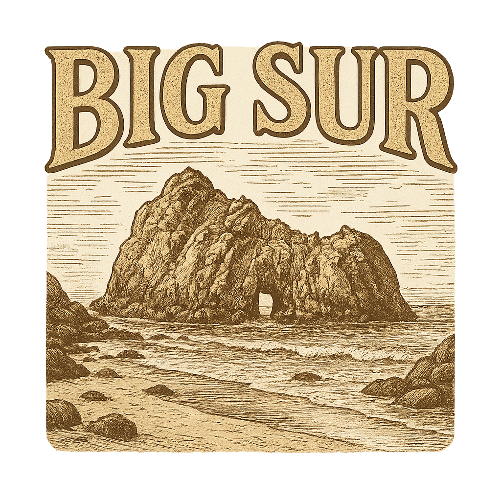 A typographic, nostalgic graphic of a typographic illustration of the words 'big sur' with a vintage line art drawing of pfeiffer beach – a t-shirt design