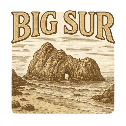 A typographic, nostalgic graphic of a typographic illustration of the words 'big sur' with a vintage line art drawing of pfeiffer beach – a t-shirt design