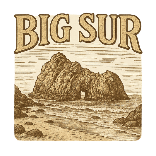 A typographic, nostalgic graphic of a typographic illustration of the words 'big sur' with a vintage line art drawing of pfeiffer beach – a t-shirt design