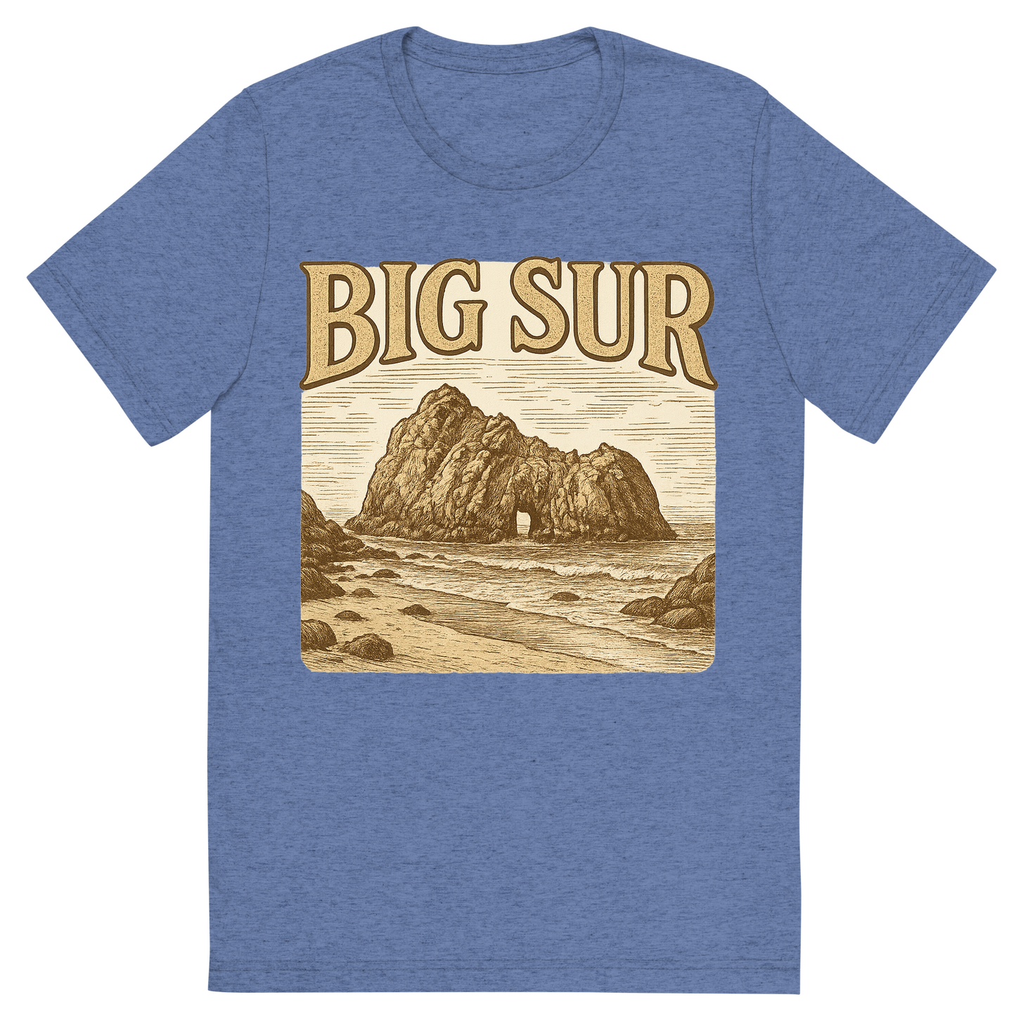 Front view of a Premium Tri-Blend Crew Neck T-Shirt in Blue showing 'A typographic, nostalgic graphic of a typographic illustration of the words 'big sur' with a vintage line art drawing of pfeiffer beach'