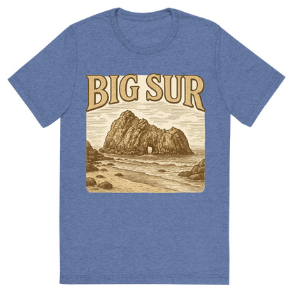 Front view of a Premium Tri-Blend Crew Neck T-Shirt in Blue showing 'A typographic, nostalgic graphic of a typographic illustration of the words 'big sur' with a vintage line art drawing of pfeiffer beach'