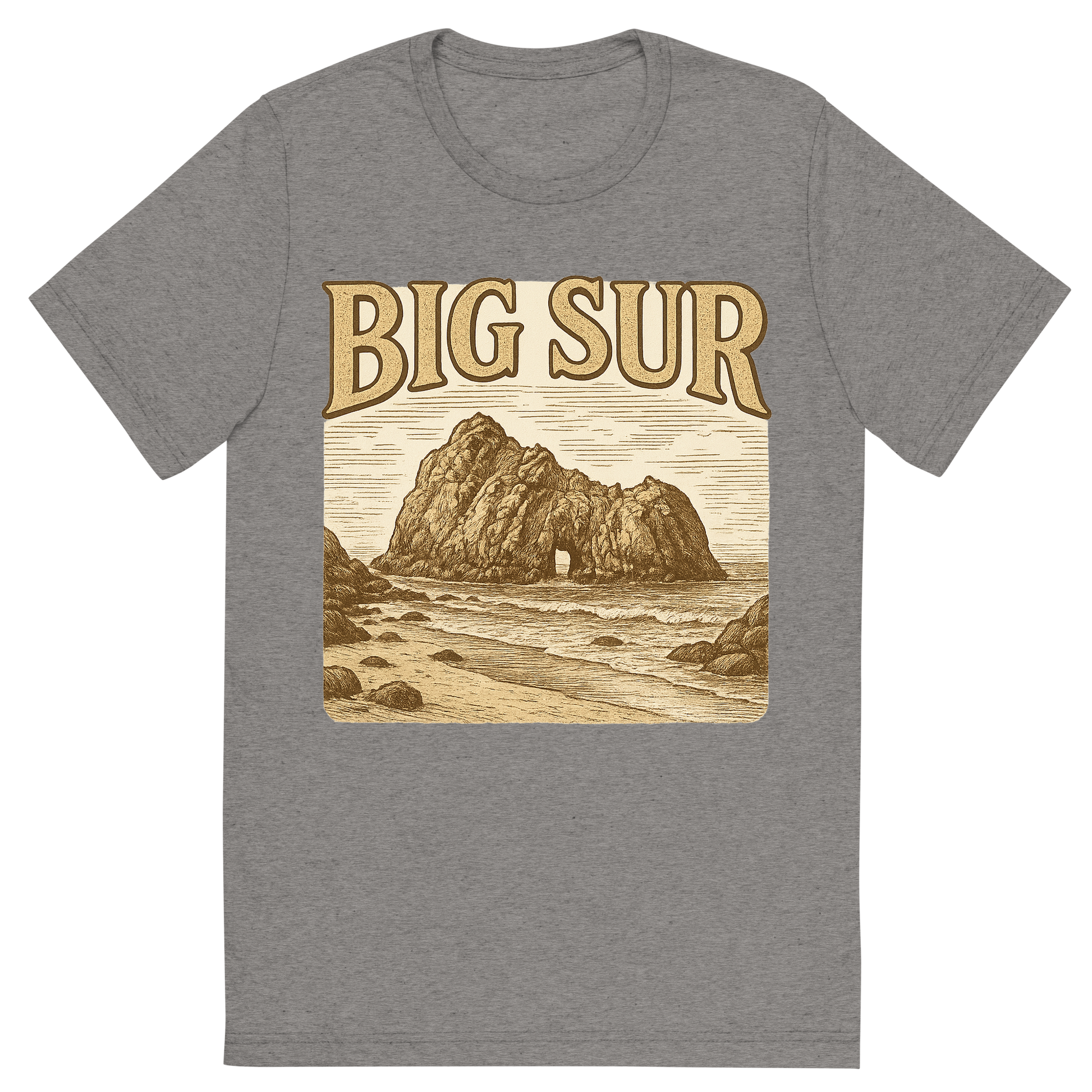 Front view of a Premium Tri-Blend Crew Neck T-Shirt in Grey showing 'A typographic, nostalgic graphic of a typographic illustration of the words 'big sur' with a vintage line art drawing of pfeiffer beach'