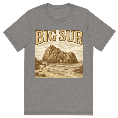 Front view of a Premium Tri-Blend Crew Neck T-Shirt in Grey showing 'A typographic, nostalgic graphic of a typographic illustration of the words 'big sur' with a vintage line art drawing of pfeiffer beach'