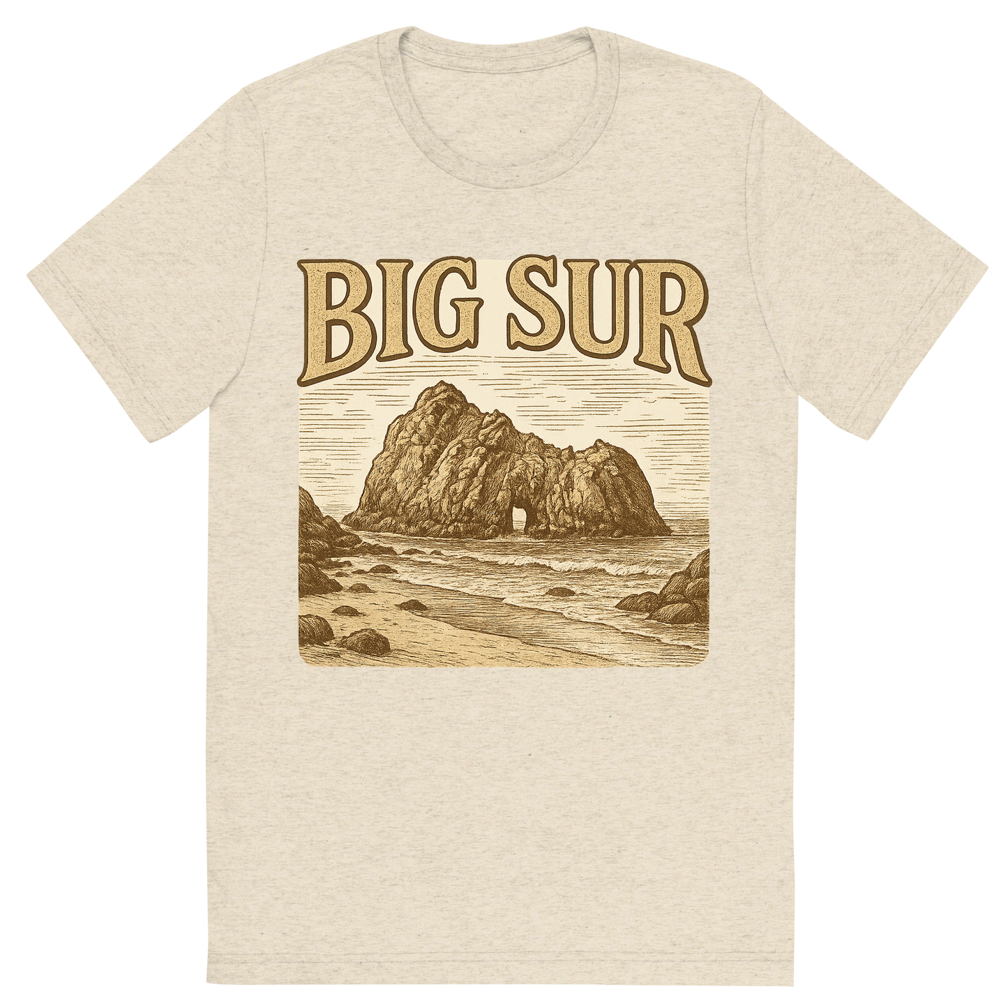 Front view of a Premium Tri-Blend Crew Neck T-Shirt in Oatmeal showing 'A typographic, nostalgic graphic of a typographic illustration of the words 'big sur' with a vintage line art drawing of pfeiffer beach'