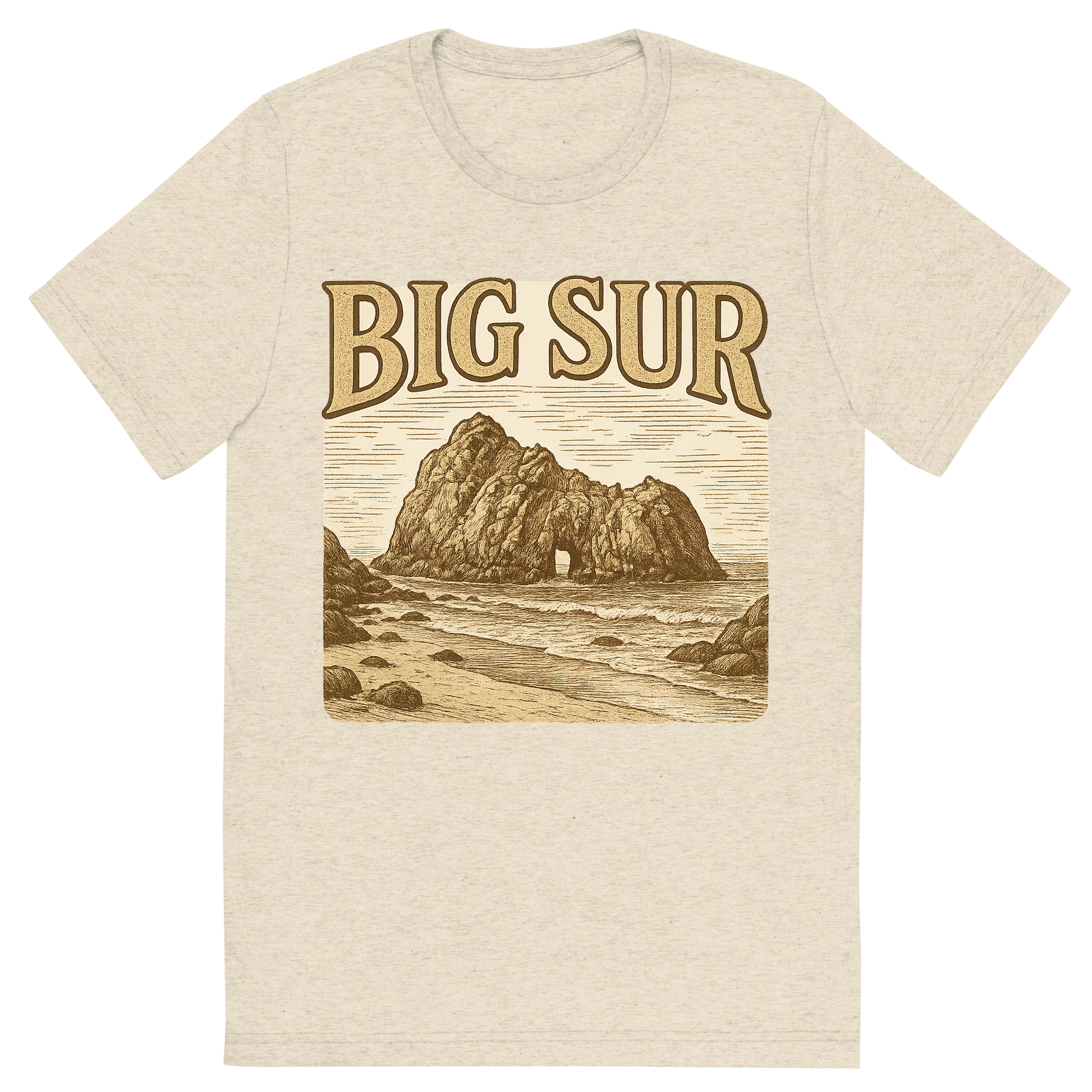 Front view of a Premium Tri-Blend Crew Neck T-Shirt in Oatmeal showing 'A typographic, nostalgic graphic of a typographic illustration of the words 'big sur' with a vintage line art drawing of pfeiffer beach'