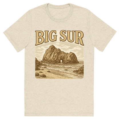 Front view of a Premium Tri-Blend Crew Neck T-Shirt in Oatmeal showing 'A typographic, nostalgic graphic of a typographic illustration of the words 'big sur' with a vintage line art drawing of pfeiffer beach'