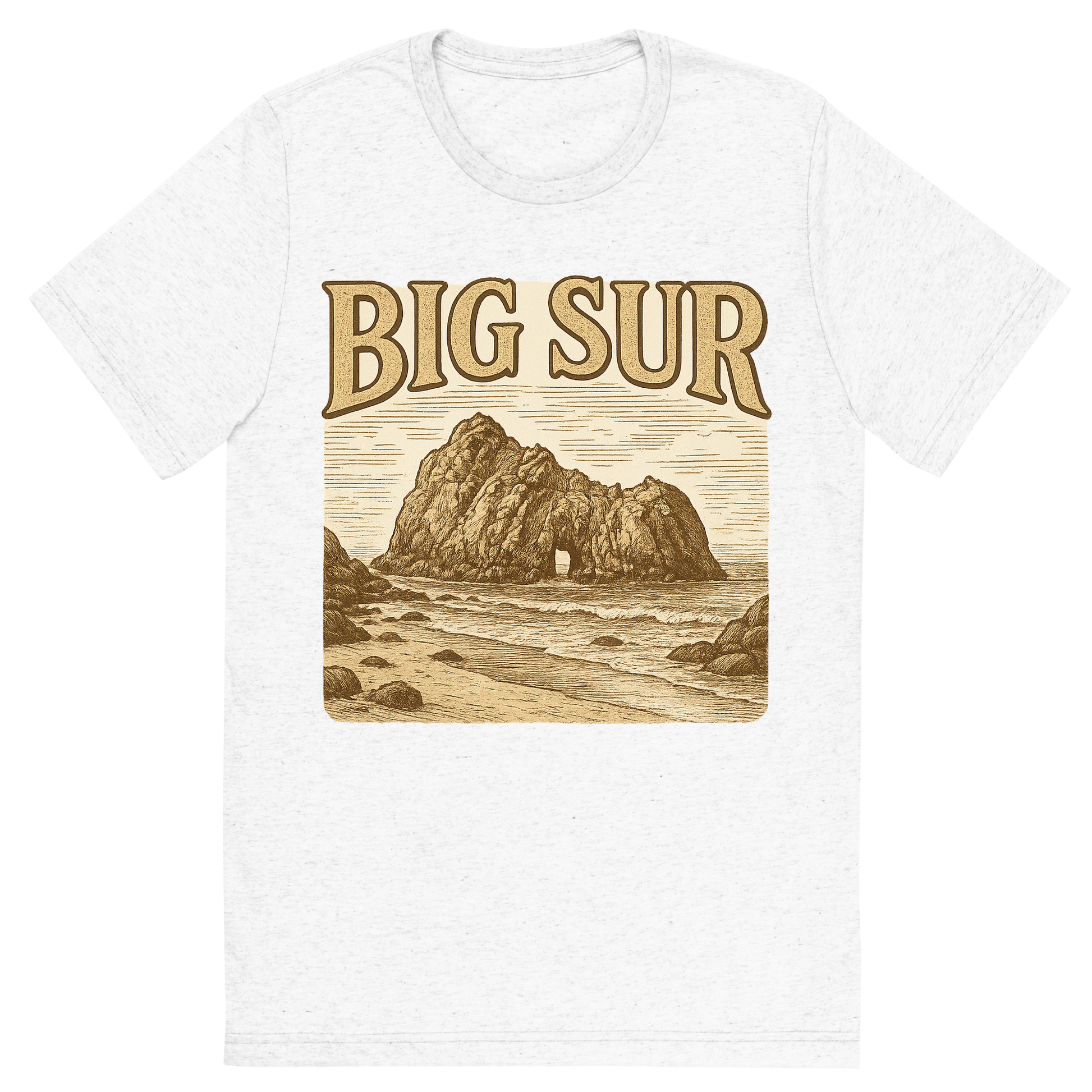 Front view of a Premium Tri-Blend Crew Neck T-Shirt in Solid White showing 'A typographic, nostalgic graphic of a typographic illustration of the words 'big sur' with a vintage line art drawing of pfeiffer beach'