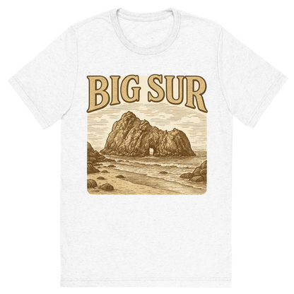 Front view of a Premium Tri-Blend Crew Neck T-Shirt in Solid White showing 'A typographic, nostalgic graphic of a typographic illustration of the words 'big sur' with a vintage line art drawing of pfeiffer beach'