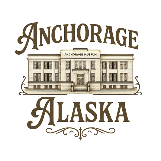 A typographic, nostalgic graphic of a typographic illustration of the words 'anchorage, alaska' with a vintage line art drawing of the anchorage museum – a t-shirt design