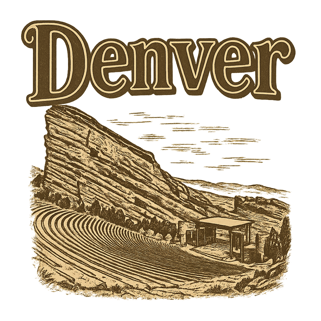 A typographic, nostalgic graphic of a typographic illustration of the words 'denver' with a vintage line art drawing of the red rocks amphitheatre – a t-shirt design