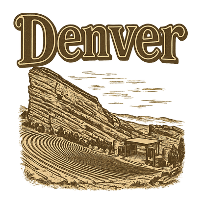A typographic, nostalgic graphic of a typographic illustration of the words 'denver' with a vintage line art drawing of the red rocks amphitheatre – a t-shirt design