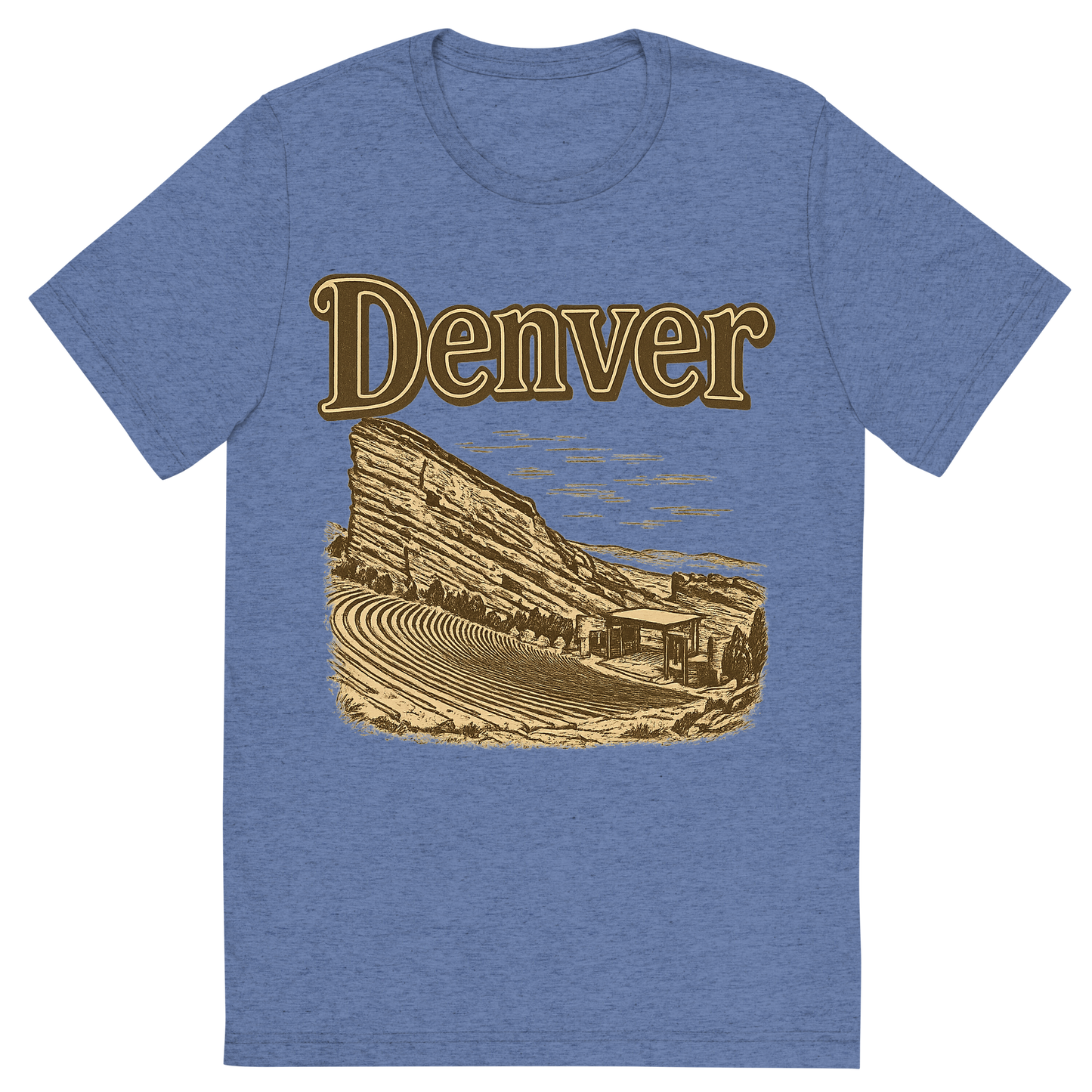 Front view of a Premium Tri-Blend Crew Neck T-Shirt in Blue showing 'A typographic, nostalgic graphic of a typographic illustration of the words 'denver' with a vintage line art drawing of the red rocks amphitheatre'