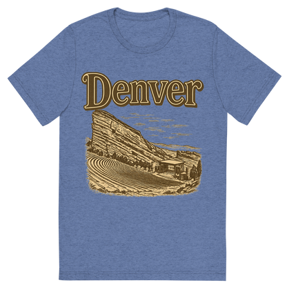 Front view of a Premium Tri-Blend Crew Neck T-Shirt in Blue showing 'A typographic, nostalgic graphic of a typographic illustration of the words 'denver' with a vintage line art drawing of the red rocks amphitheatre'