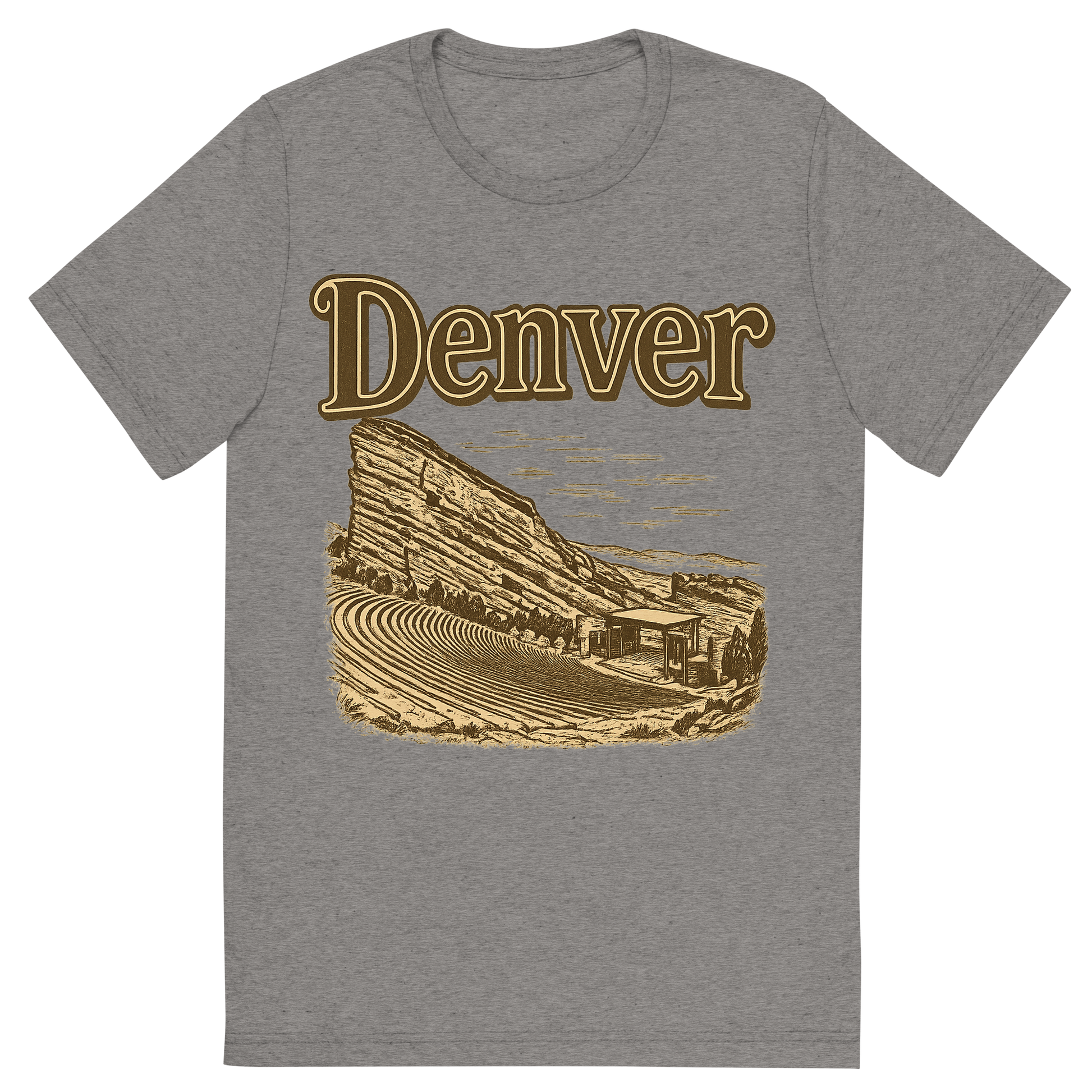 Front view of a Premium Tri-Blend Crew Neck T-Shirt in Grey showing 'A typographic, nostalgic graphic of a typographic illustration of the words 'denver' with a vintage line art drawing of the red rocks amphitheatre'