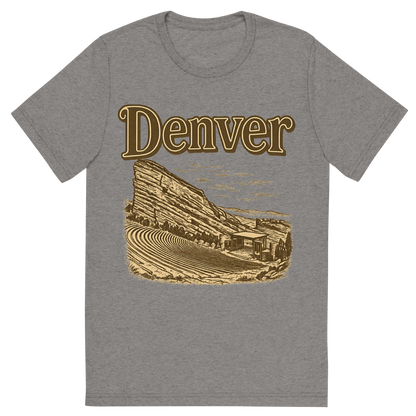 Front view of a Premium Tri-Blend Crew Neck T-Shirt in Grey showing 'A typographic, nostalgic graphic of a typographic illustration of the words 'denver' with a vintage line art drawing of the red rocks amphitheatre'