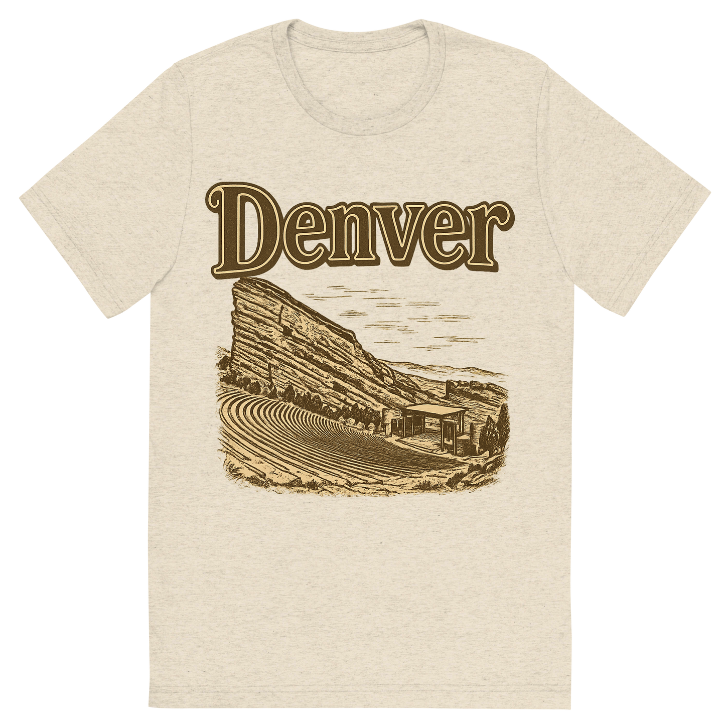 Front view of a Premium Tri-Blend Crew Neck T-Shirt in Oatmeal showing 'A typographic, nostalgic graphic of a typographic illustration of the words 'denver' with a vintage line art drawing of the red rocks amphitheatre'
