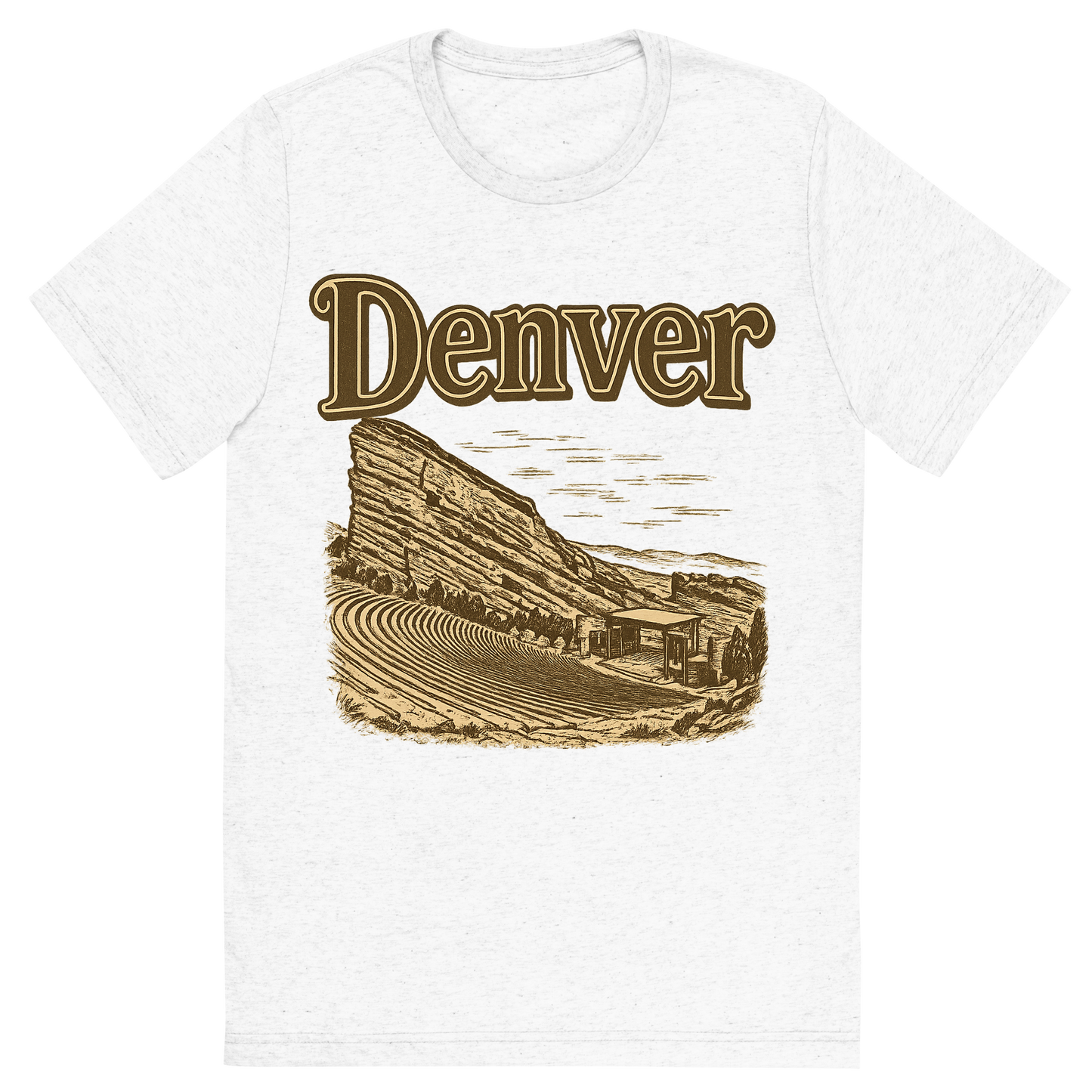 Front view of a Premium Tri-Blend Crew Neck T-Shirt in Solid White showing 'A typographic, nostalgic graphic of a typographic illustration of the words 'denver' with a vintage line art drawing of the red rocks amphitheatre'