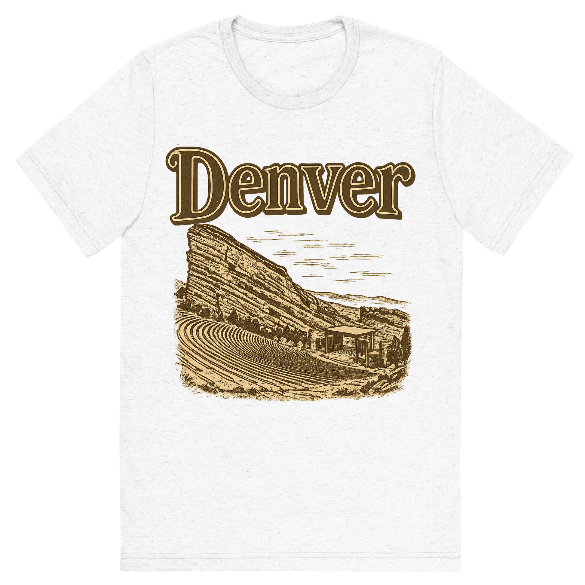 Front view of a Premium Tri-Blend Crew Neck T-Shirt in Solid White showing 'A typographic, nostalgic graphic of a typographic illustration of the words 'denver' with a vintage line art drawing of the red rocks amphitheatre'