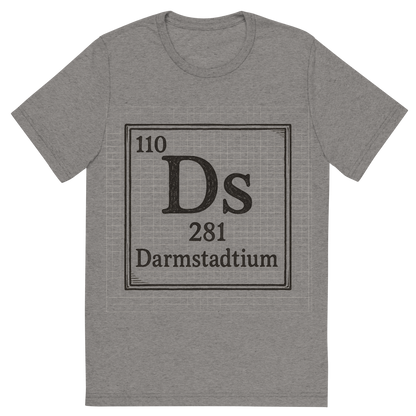 Front view of a Premium Tri-Blend Crew Neck T-Shirt in Grey showing 'A line art, nostalgic graphic of darmstadtium's entry on the periodic table, use a dark color for the lines and text'