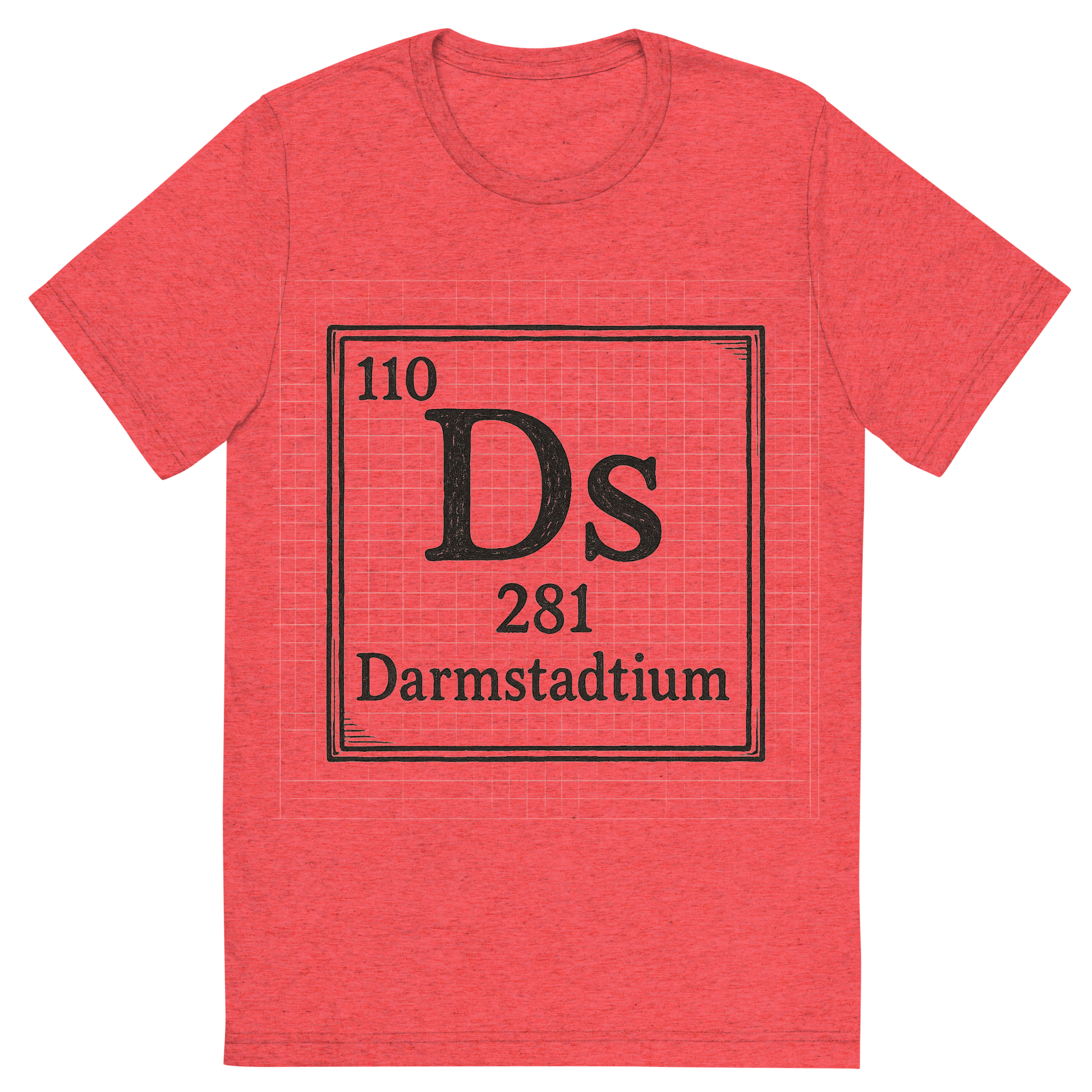 Front view of a Premium Tri-Blend Crew Neck T-Shirt in Red showing 'A line art, nostalgic graphic of darmstadtium's entry on the periodic table, use a dark color for the lines and text'