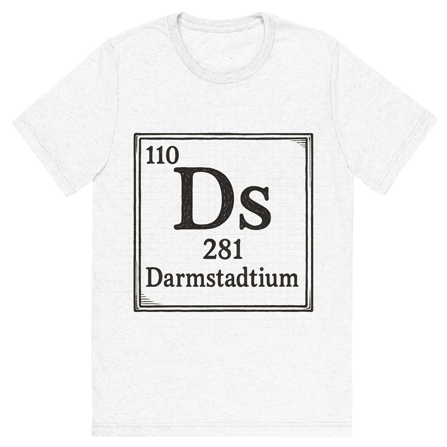 Front view of a Premium Tri-Blend Crew Neck T-Shirt in Solid White showing 'A line art, nostalgic graphic of darmstadtium's entry on the periodic table, use a dark color for the lines and text'