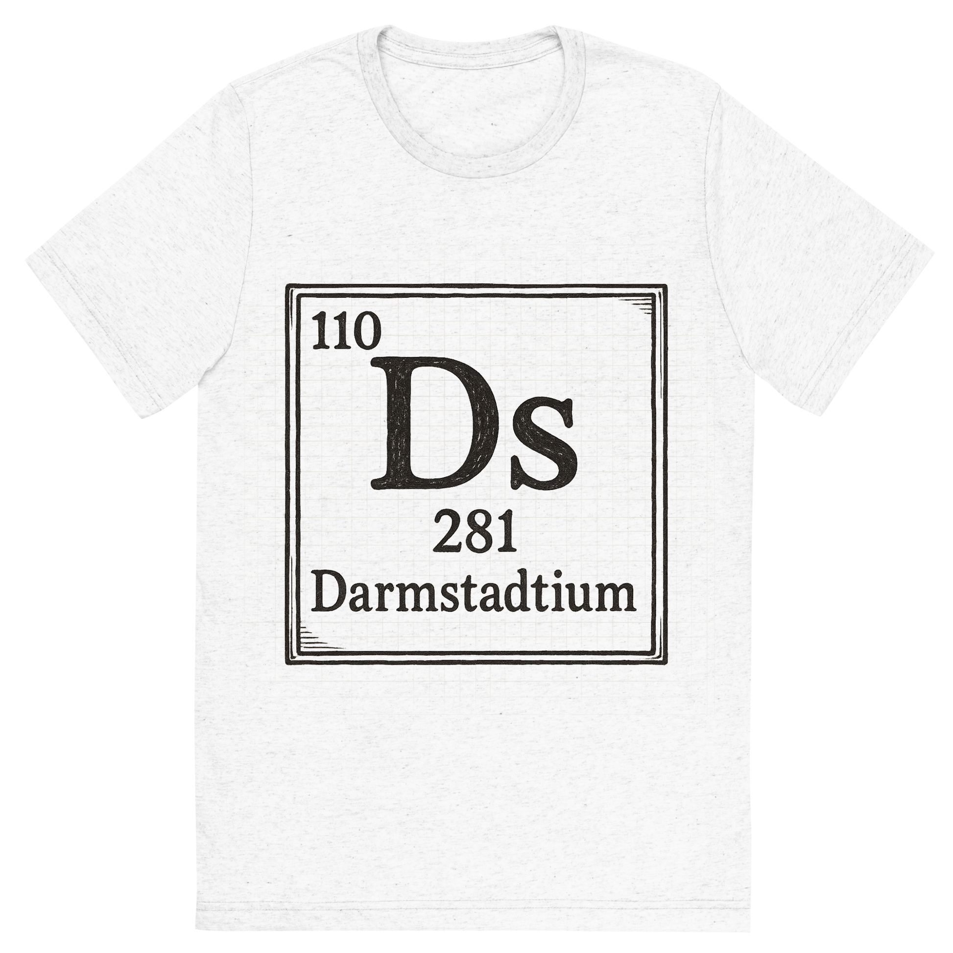 Front view of a Premium Tri-Blend Crew Neck T-Shirt in Solid White showing 'A line art, nostalgic graphic of darmstadtium's entry on the periodic table, use a dark color for the lines and text'