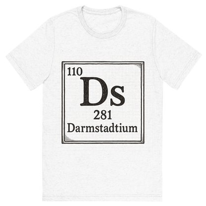 Front view of a Premium Tri-Blend Crew Neck T-Shirt in Solid White showing 'A line art, nostalgic graphic of darmstadtium's entry on the periodic table, use a dark color for the lines and text'