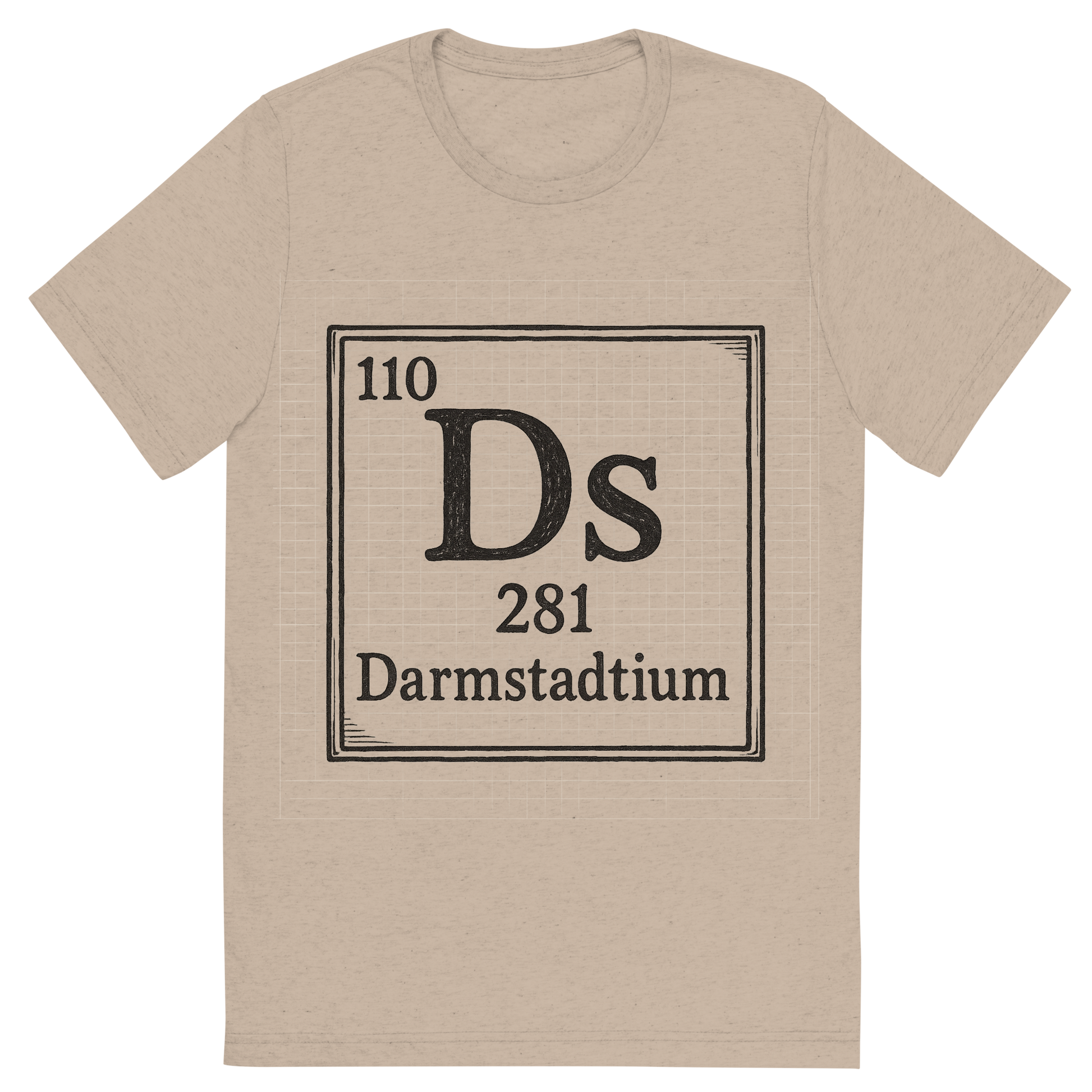 Front view of a Premium Tri-Blend Crew Neck T-Shirt in Tan showing 'A line art, nostalgic graphic of darmstadtium's entry on the periodic table, use a dark color for the lines and text'