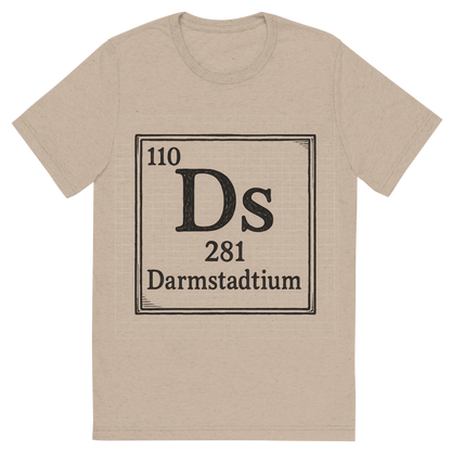 Front view of a Premium Tri-Blend Crew Neck T-Shirt in Tan showing 'A line art, nostalgic graphic of darmstadtium's entry on the periodic table, use a dark color for the lines and text'