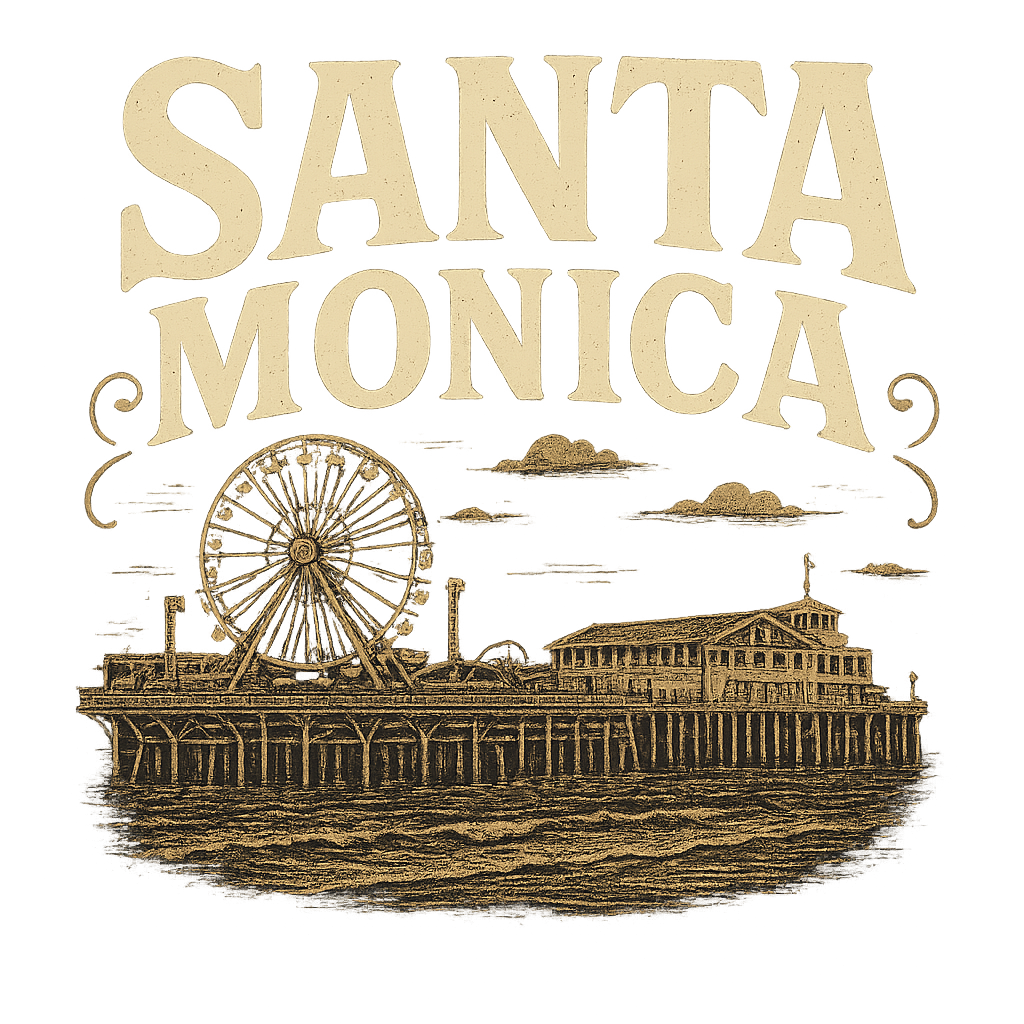 A typographic, nostalgic graphic of a typographic illustration of the words 'santa monica' with a vintage line art drawing of the santa monica pier – a t-shirt design