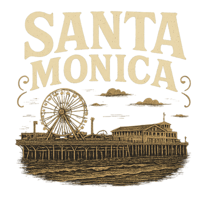 A typographic, nostalgic graphic of a typographic illustration of the words 'santa monica' with a vintage line art drawing of the santa monica pier – a t-shirt design