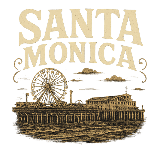 A typographic, nostalgic graphic of a typographic illustration of the words 'santa monica' with a vintage line art drawing of the santa monica pier – a t-shirt design
