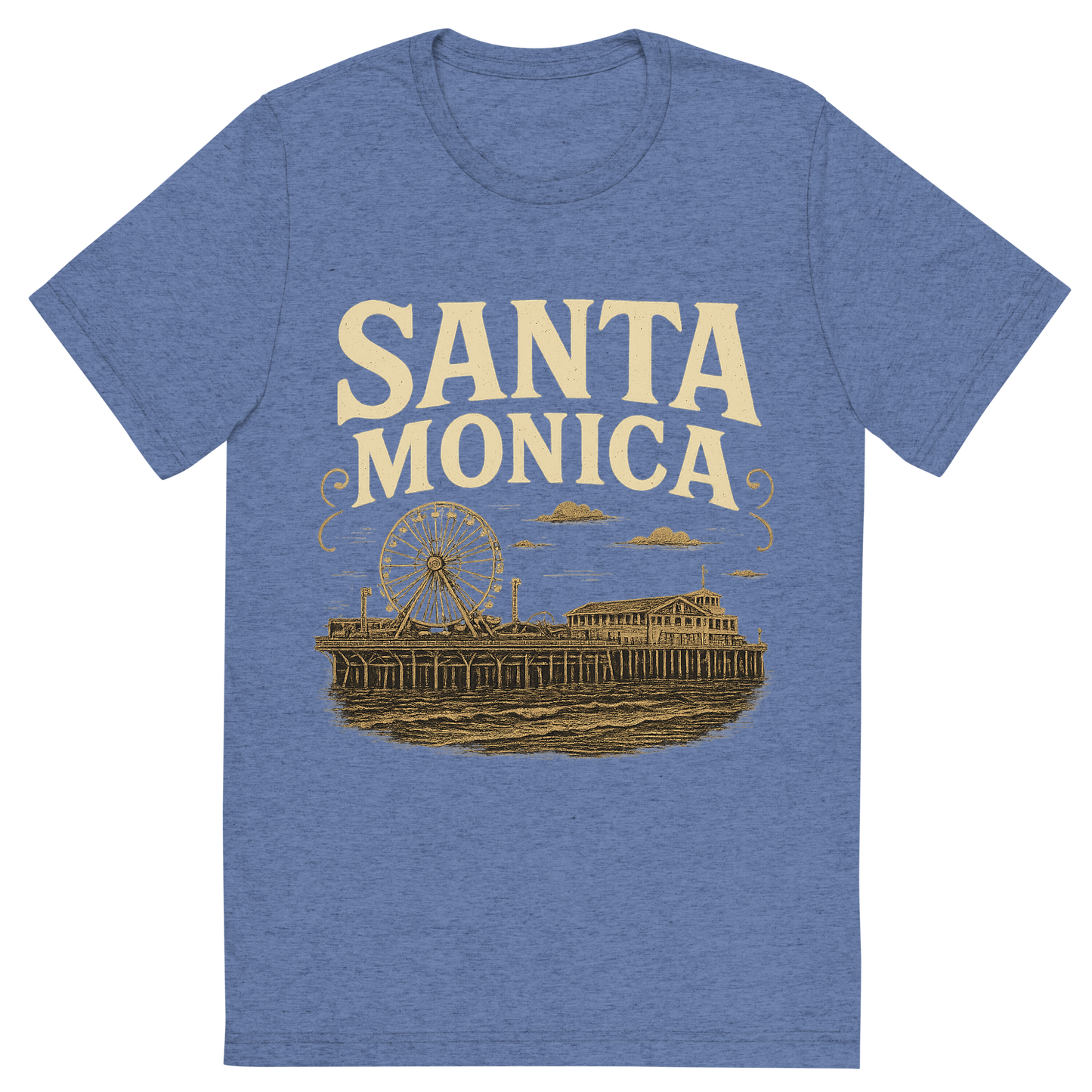 Front view of a Premium Tri-Blend Crew Neck T-Shirt in Blue showing 'A typographic, nostalgic graphic of a typographic illustration of the words 'santa monica' with a vintage line art drawing of the santa monica pier'
