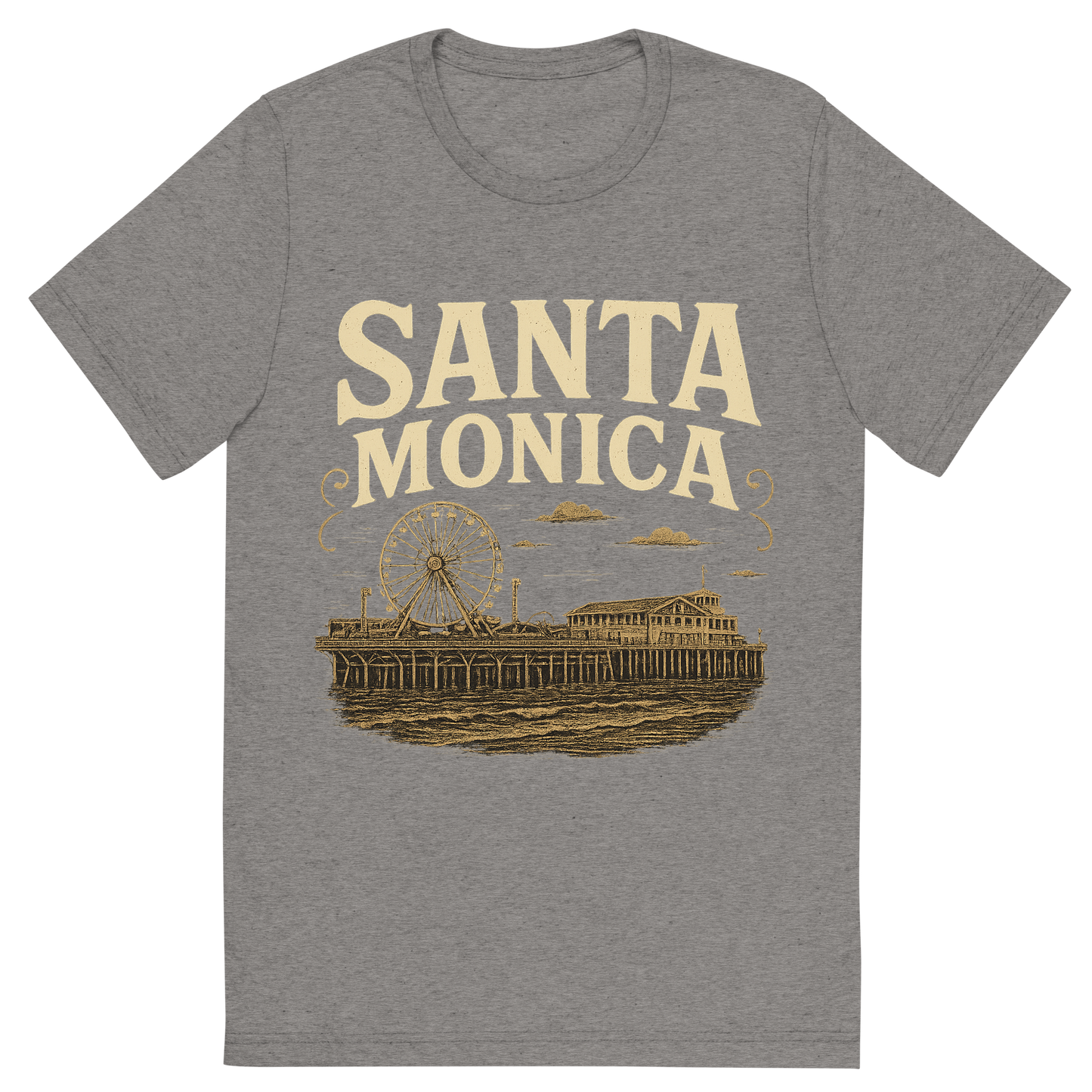 Front view of a Premium Tri-Blend Crew Neck T-Shirt in Grey showing 'A typographic, nostalgic graphic of a typographic illustration of the words 'santa monica' with a vintage line art drawing of the santa monica pier'