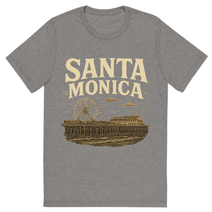 Front view of a Premium Tri-Blend Crew Neck T-Shirt in Grey showing 'A typographic, nostalgic graphic of a typographic illustration of the words 'santa monica' with a vintage line art drawing of the santa monica pier'