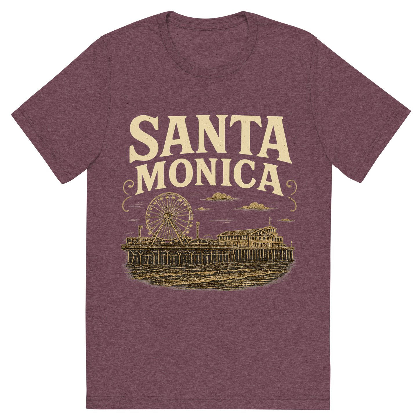 Front view of a Premium Tri-Blend Crew Neck T-Shirt in Maroon showing 'A typographic, nostalgic graphic of a typographic illustration of the words 'santa monica' with a vintage line art drawing of the santa monica pier'