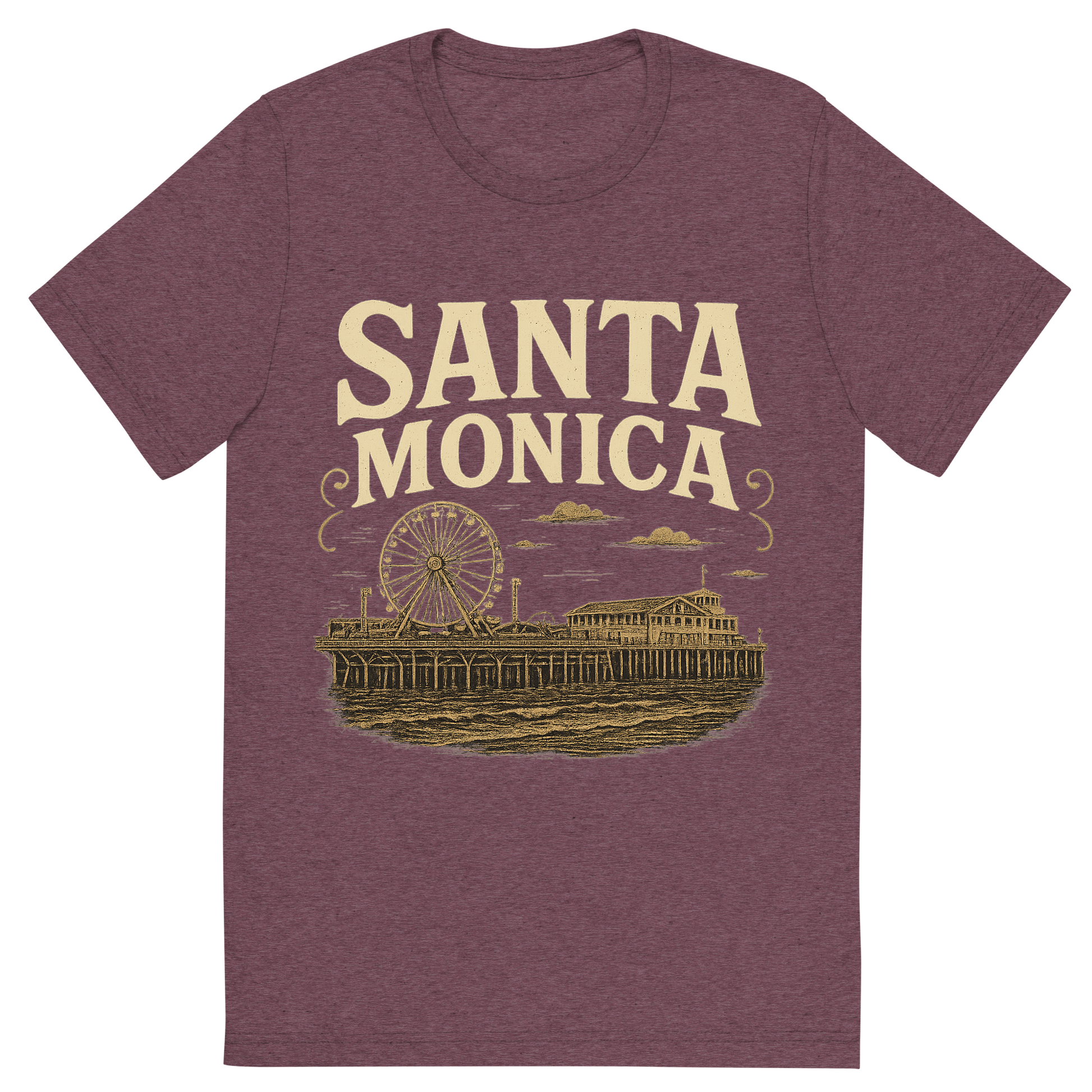 Front view of a Premium Tri-Blend Crew Neck T-Shirt in Maroon showing 'A typographic, nostalgic graphic of a typographic illustration of the words 'santa monica' with a vintage line art drawing of the santa monica pier'