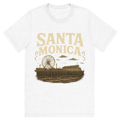 Front view of a Premium Tri-Blend Crew Neck T-Shirt in Solid White showing 'A typographic, nostalgic graphic of a typographic illustration of the words 'santa monica' with a vintage line art drawing of the santa monica pier'
